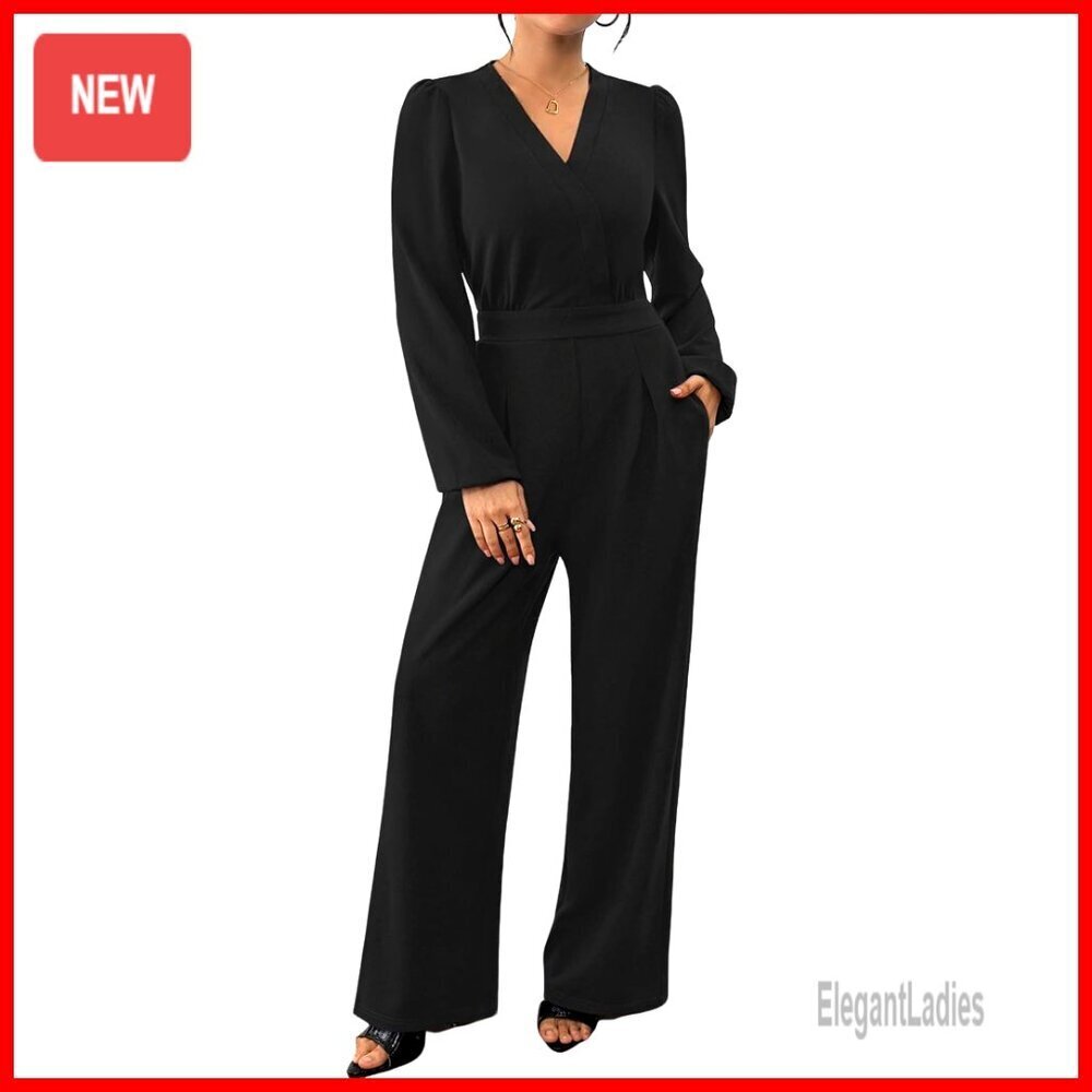 Long Sleeve V-Neck Wide Leg Jumpsuit Polyester Spandex Size Small